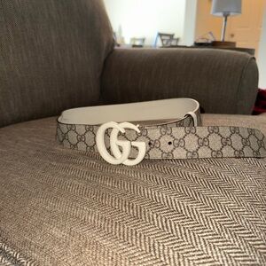 Gucci Cream Monogram Belt with White GG Buckle